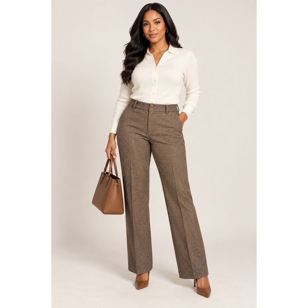 Talbots Heritage Fit Brown Tweed Wool Blend Wide Leg Trousers Pants Womens 10